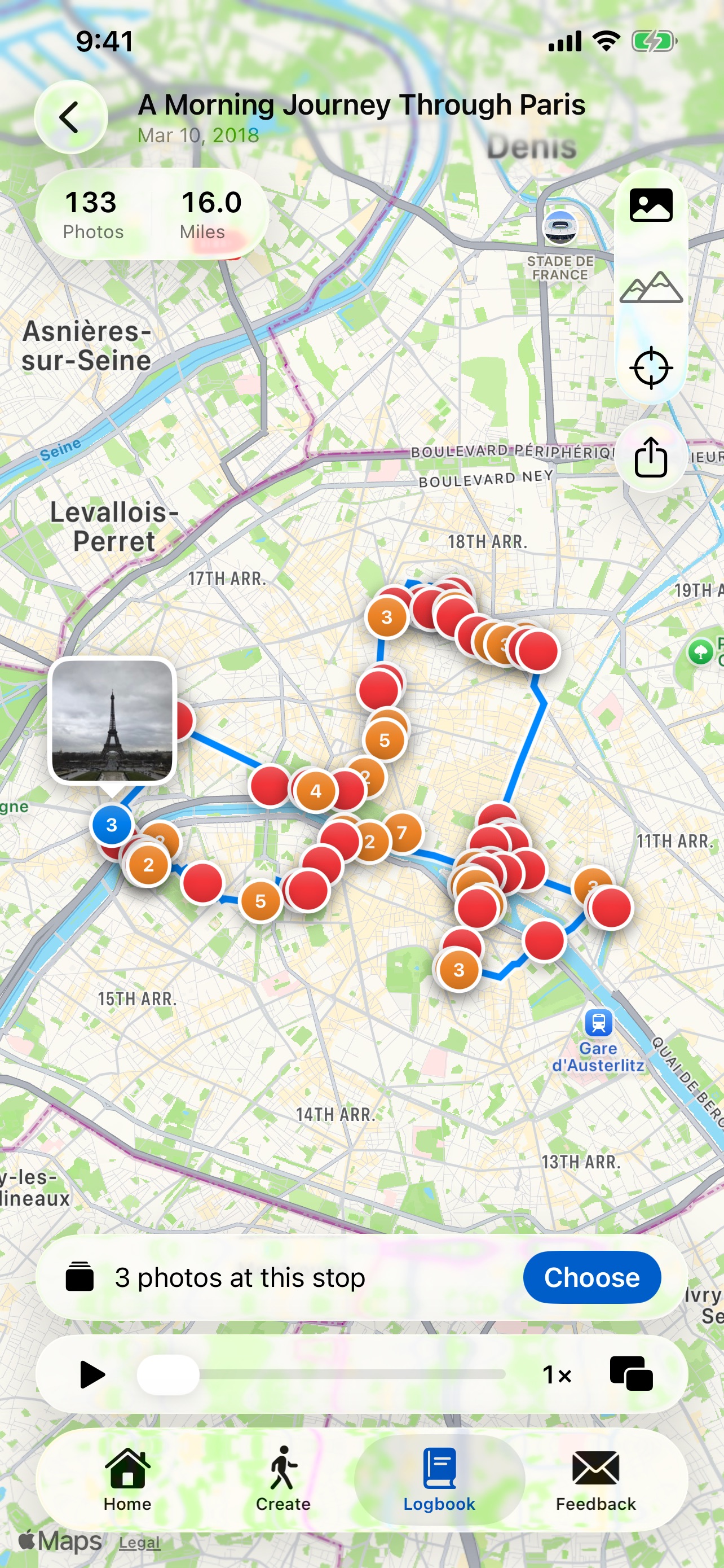 A walking route across Paris with a photo callout floating above a clustered pin