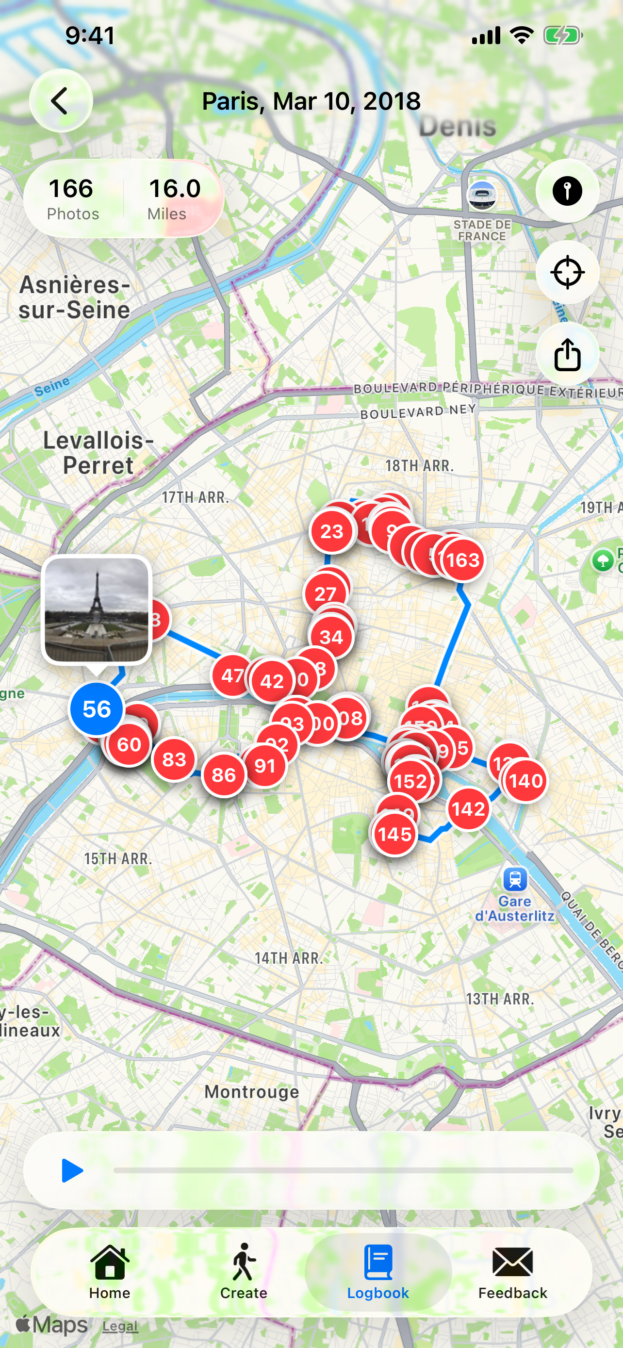 A photo callout floating above a pin on the route