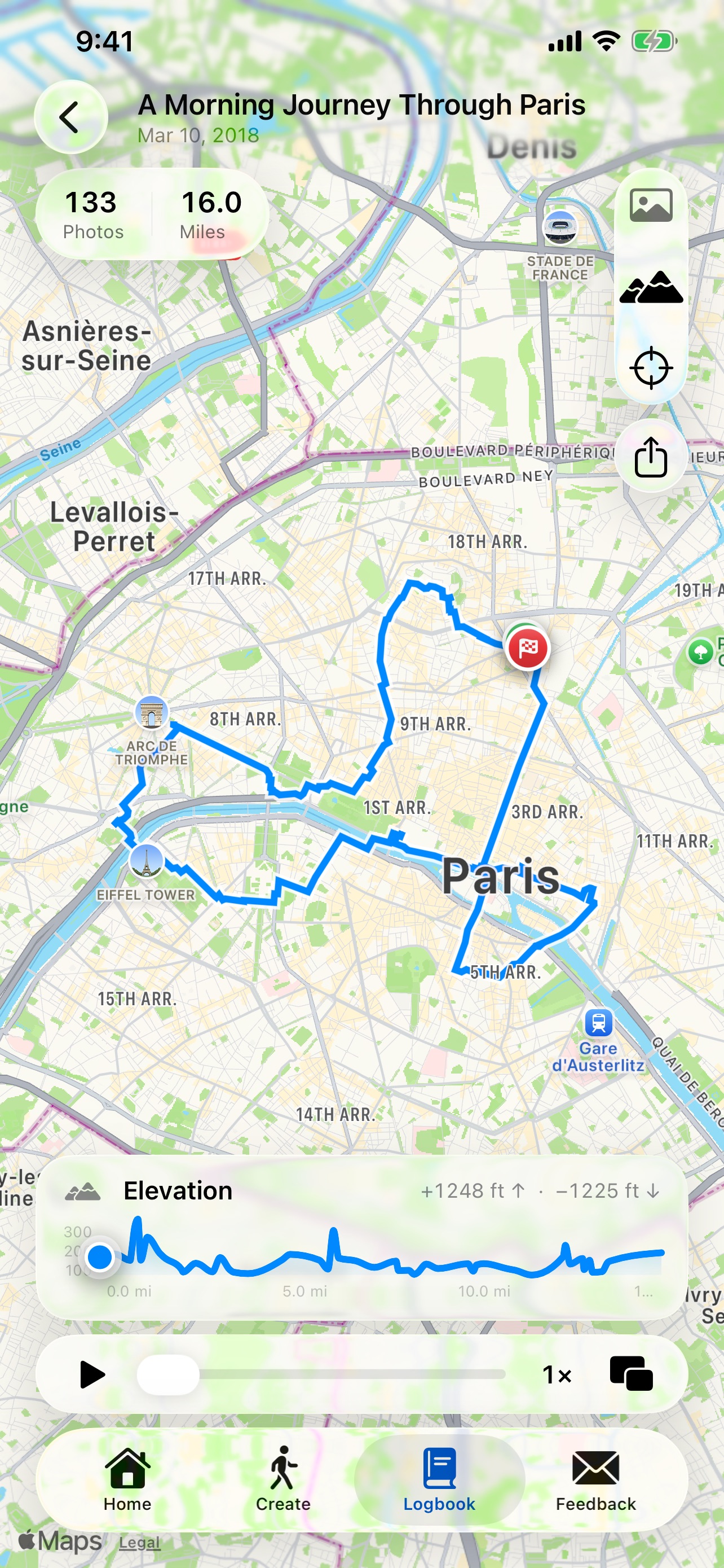 A walking route with a smoothed elevation chart drawn beneath the map
