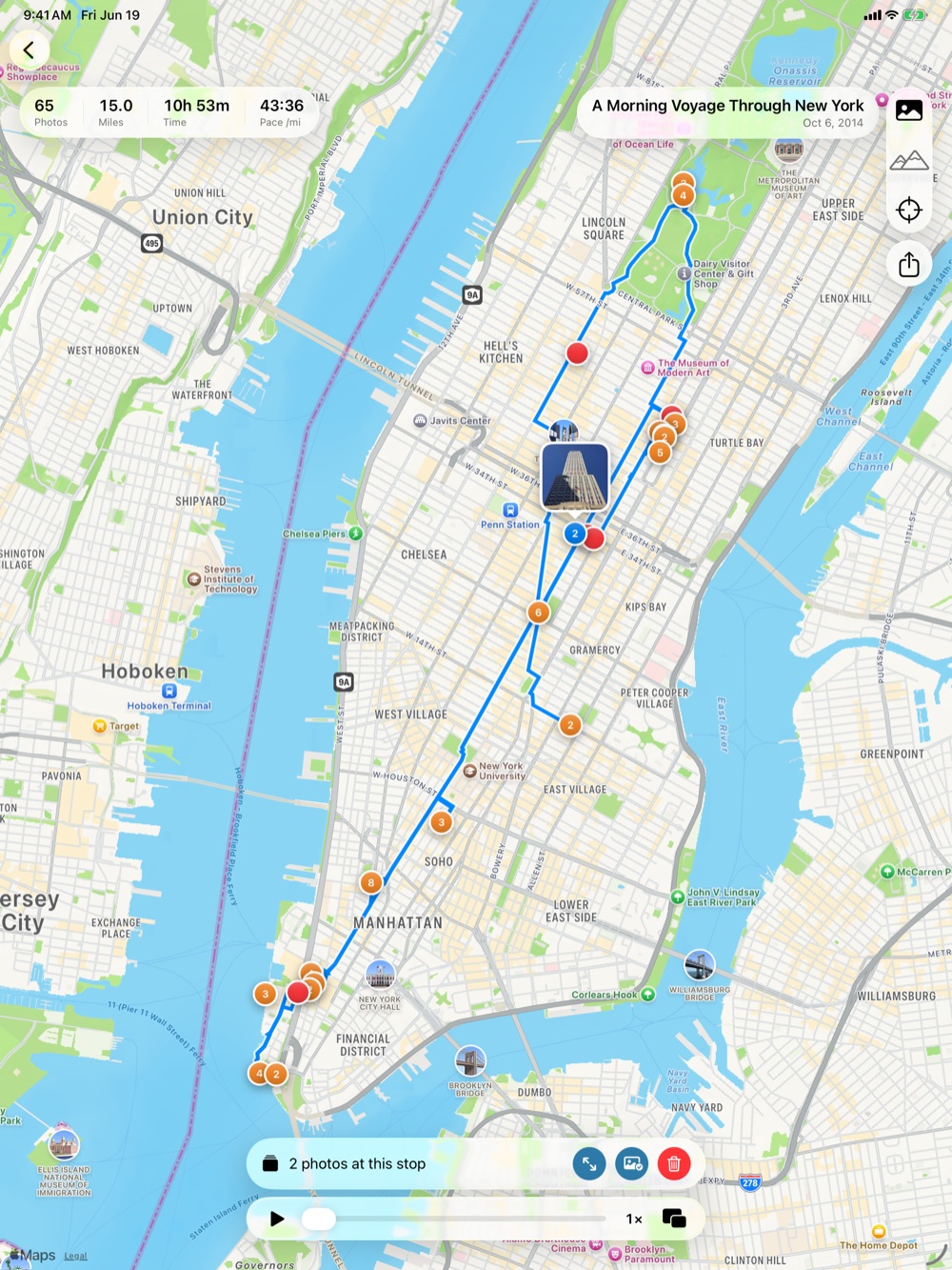 Wander on iPad showing a walking route across New York filling the screen