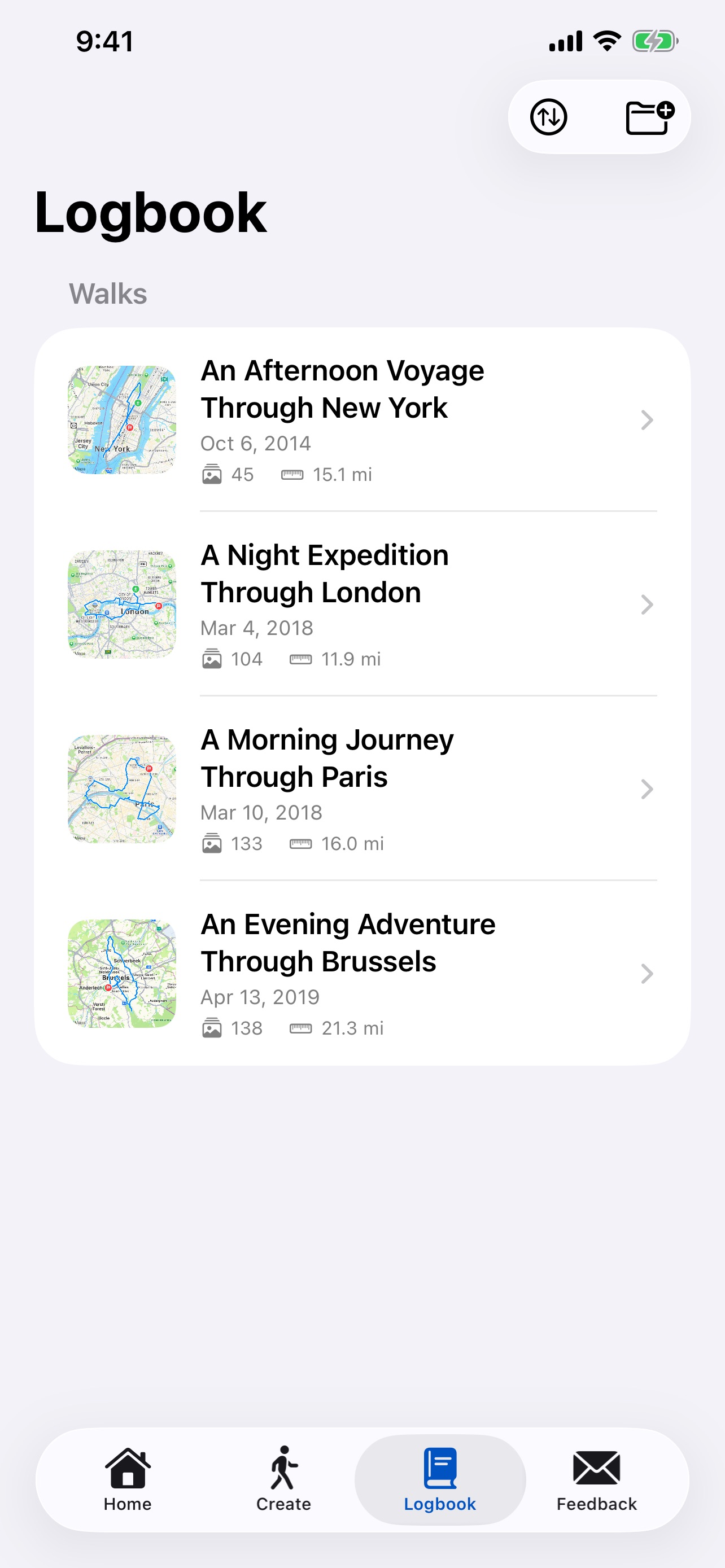 Wander Logbook showing saved walks with auto-generated names like An Afternoon Voyage Through New York