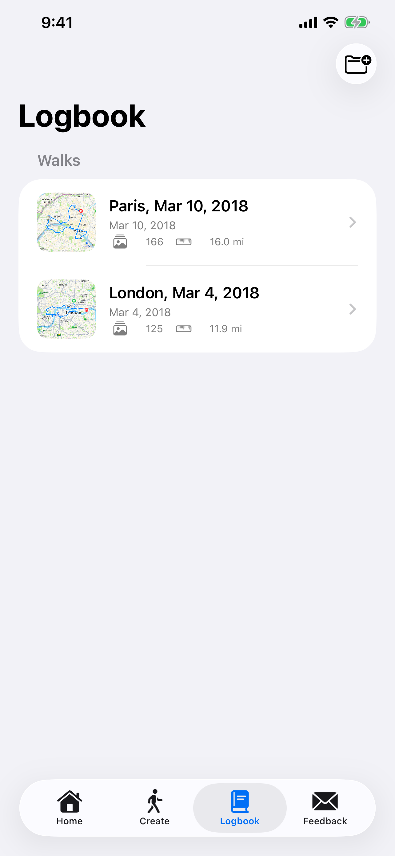 Wander Logbook list of saved walks