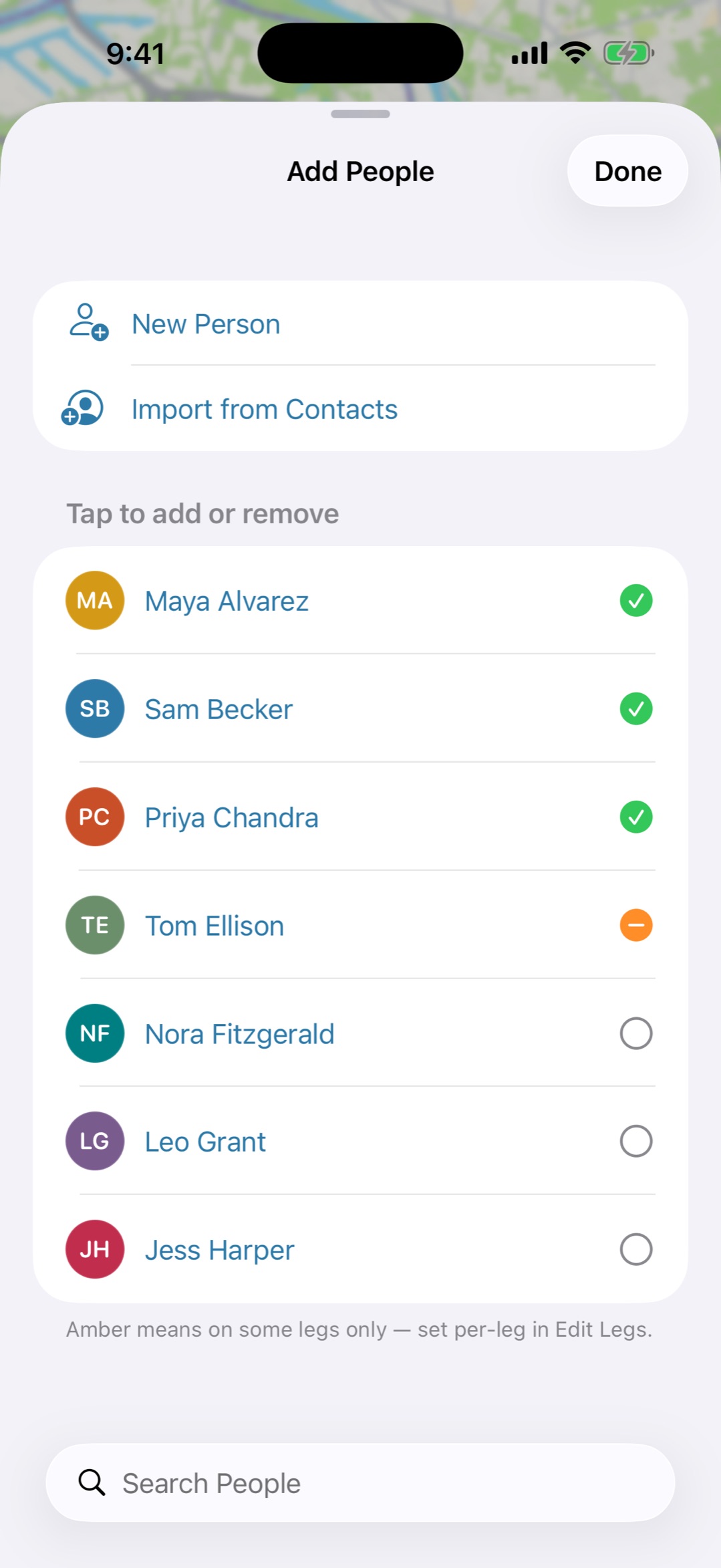 A Wander's route with the Add People sheet open, showing people from Contacts ready to attach
