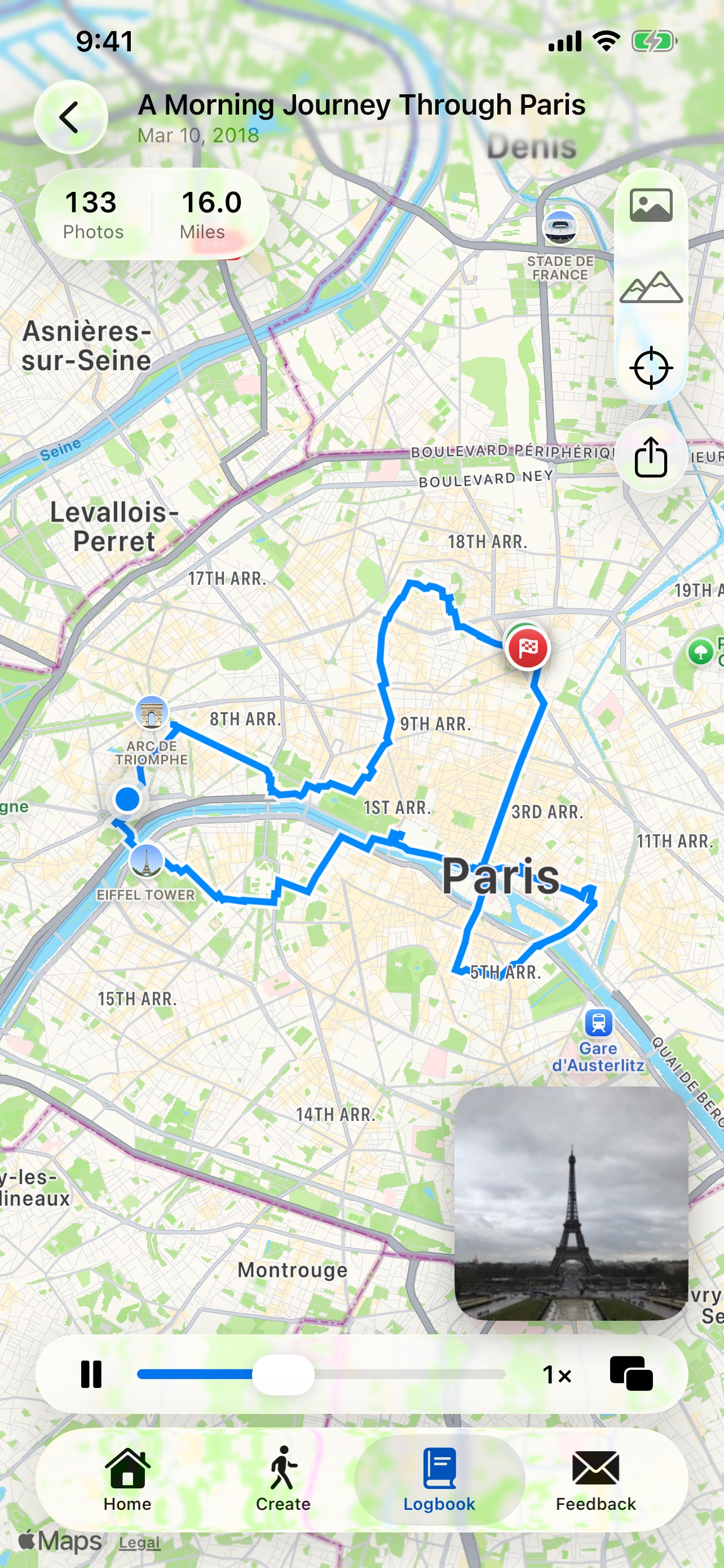 A walking route across Paris with the picture-in-picture playback viewer visible in the lower right