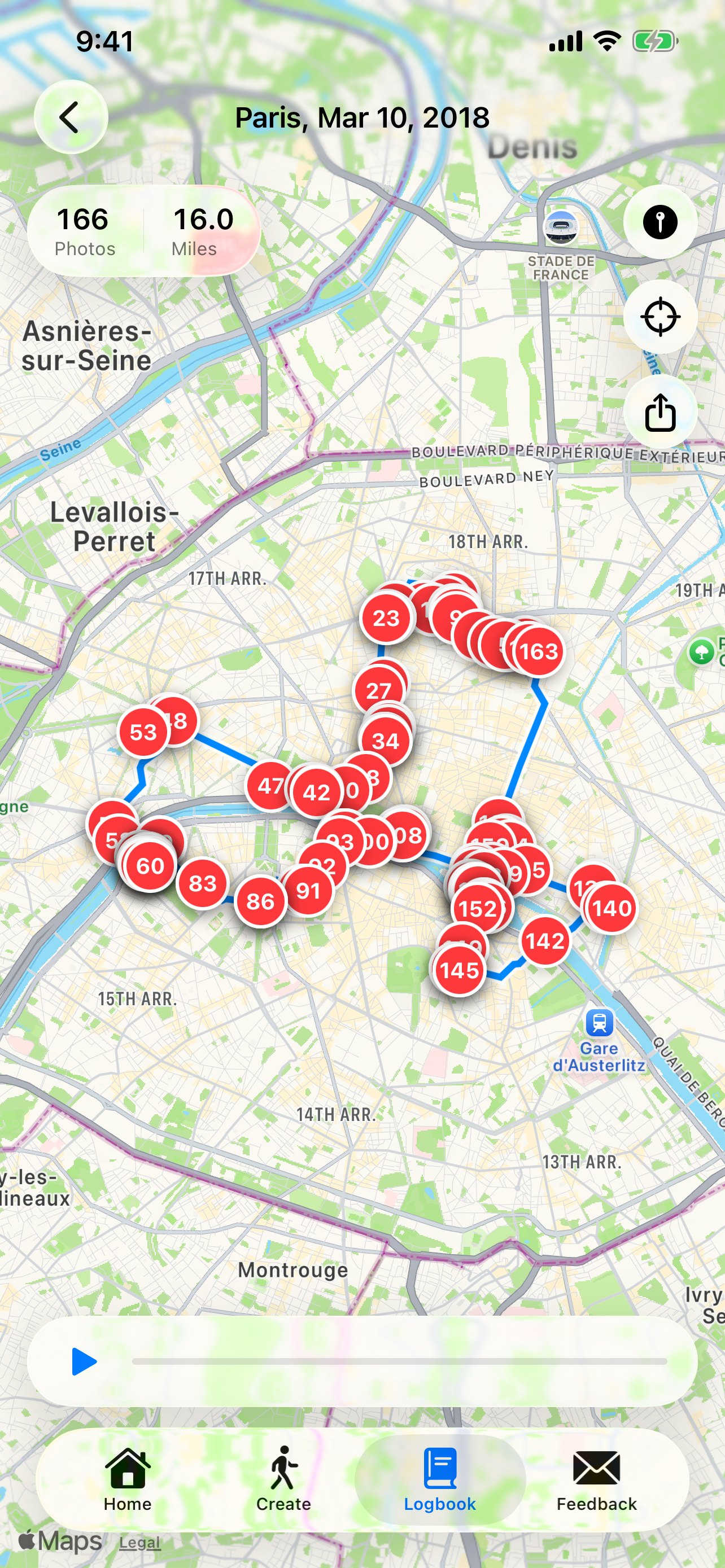 A walking route across Paris with numbered photo pins