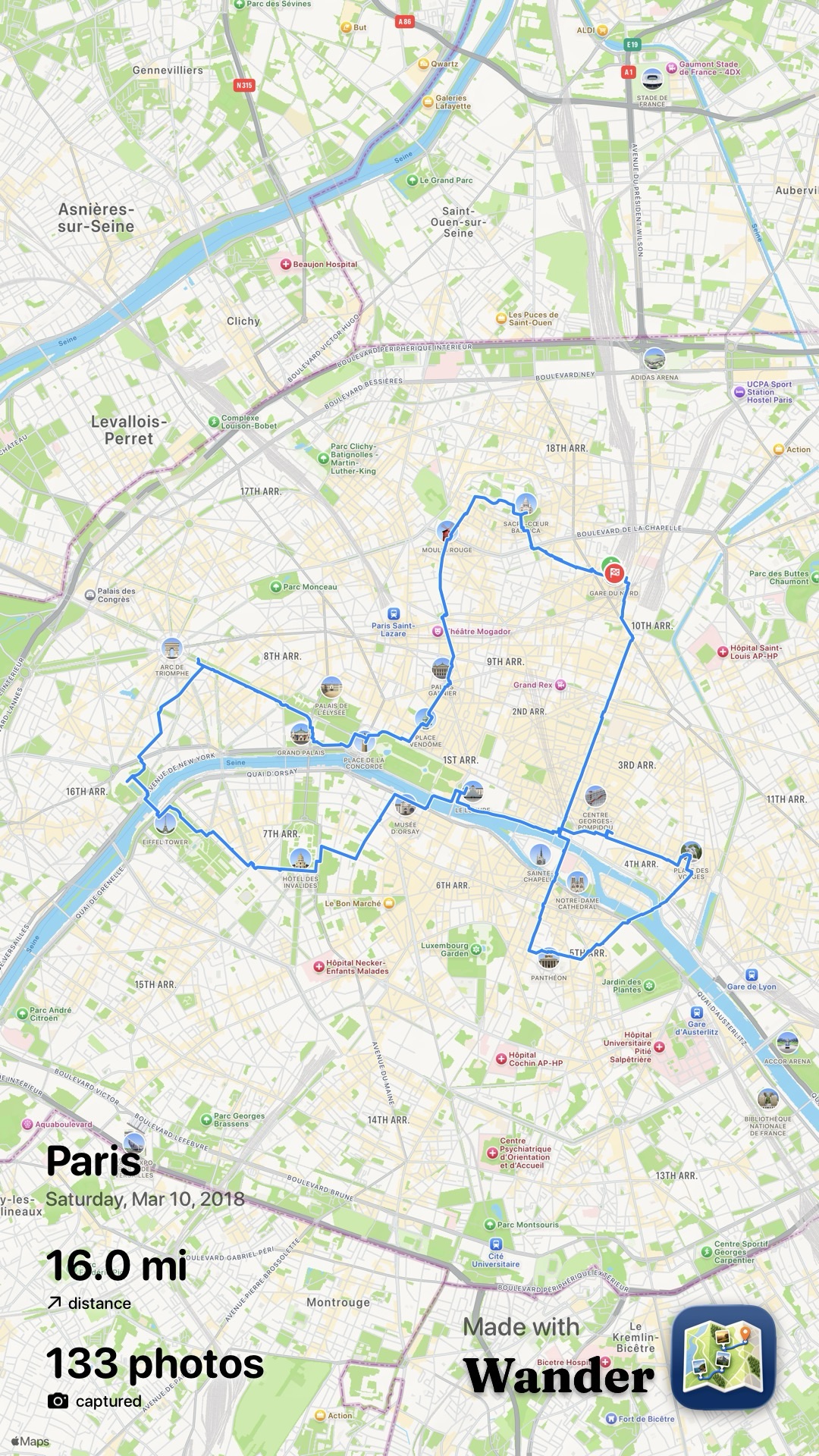 The Wander share preview showing a Paris walk as a polished portrait card with the Made with Wander badge