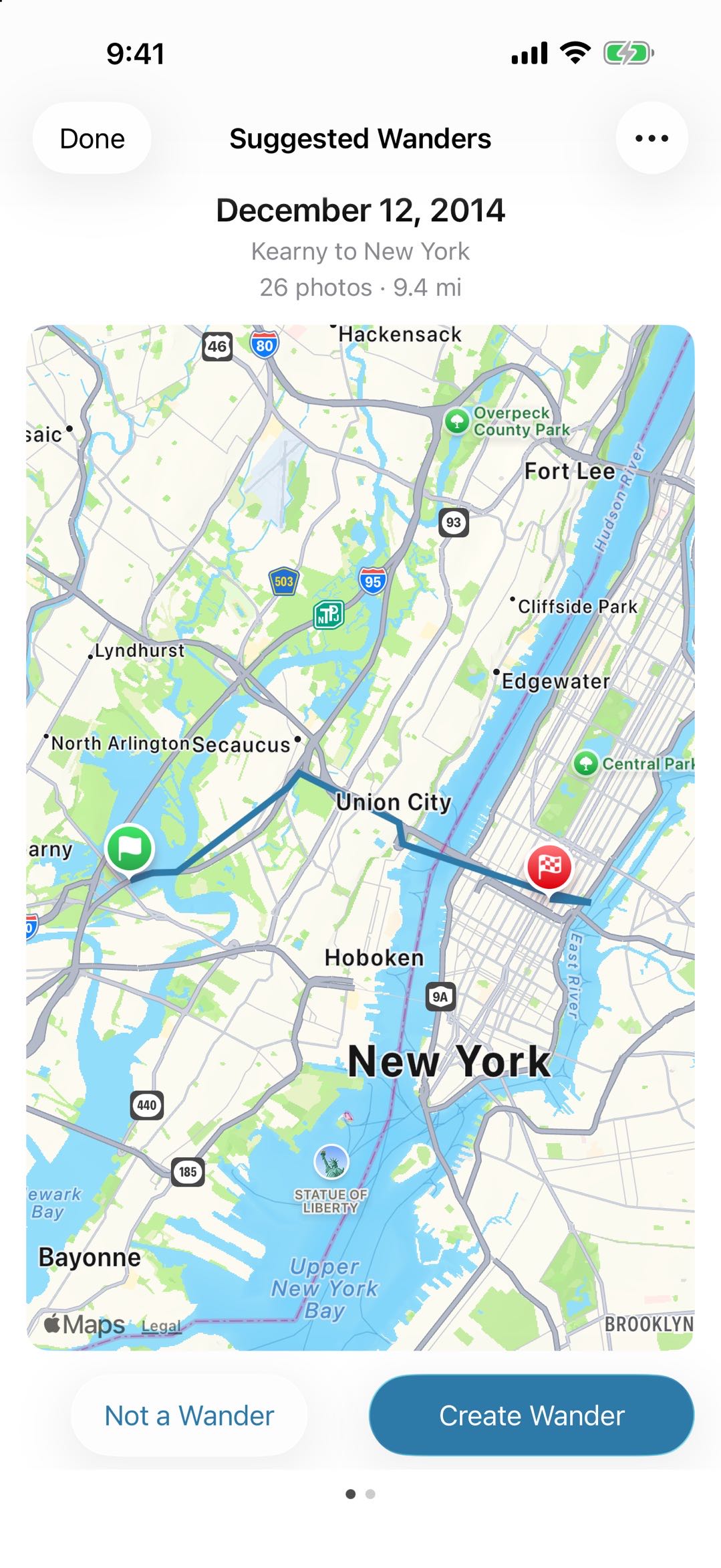 A suggested Wander from December 2014, Kearny to New York, 26 photos over 9.4 miles, offered with Create Wander and Not a Wander