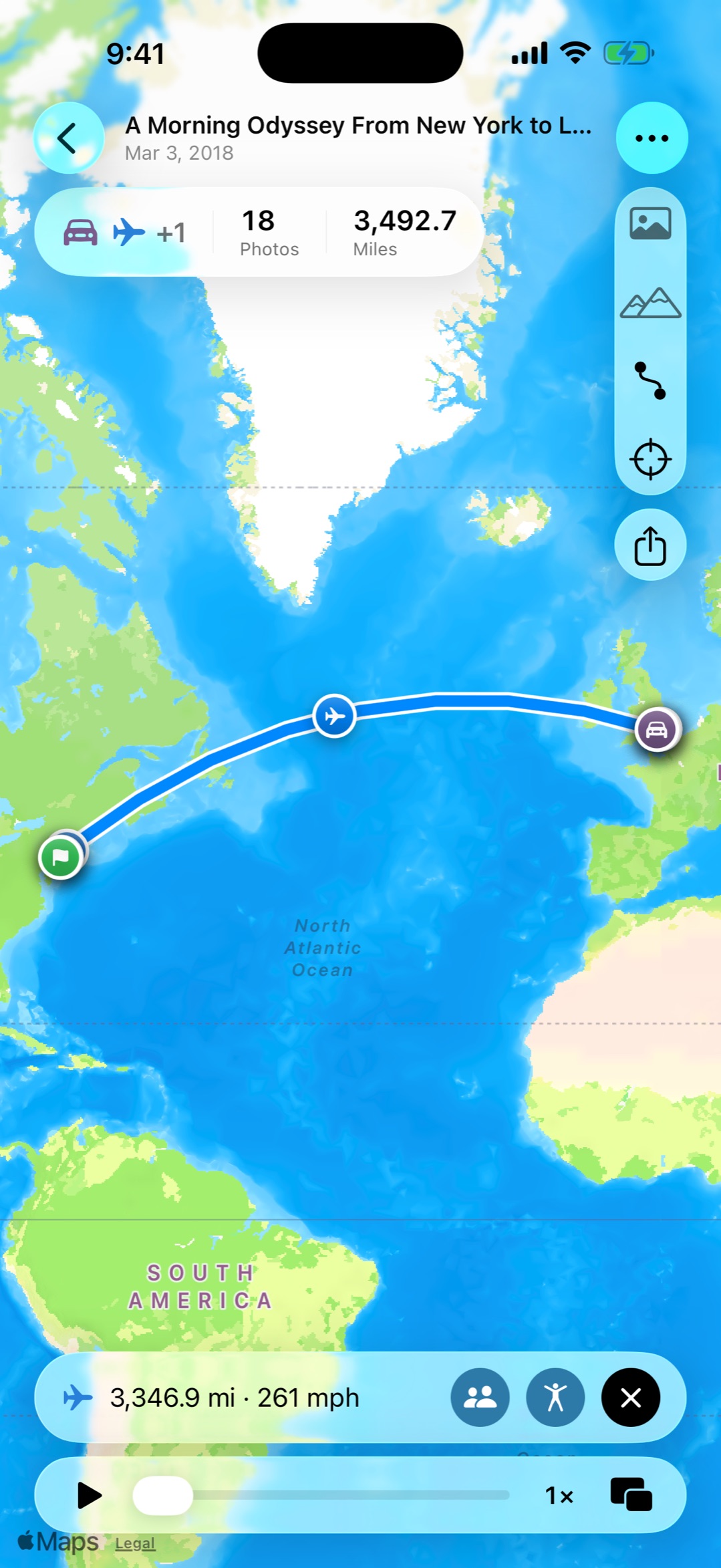 A Wander from New York to London mixing driving and flight legs — the flight arcing across the Atlantic with its distance and speed in the callout