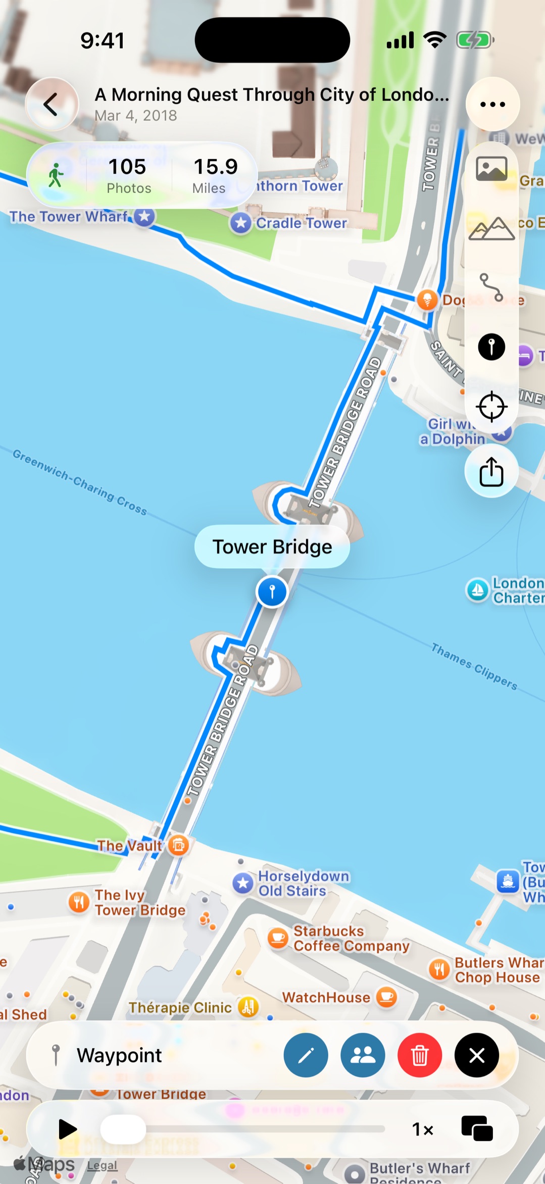 A route bent through an added waypoint, the extra leg drawn on real streets to a searched-for place the traveler didn't photograph