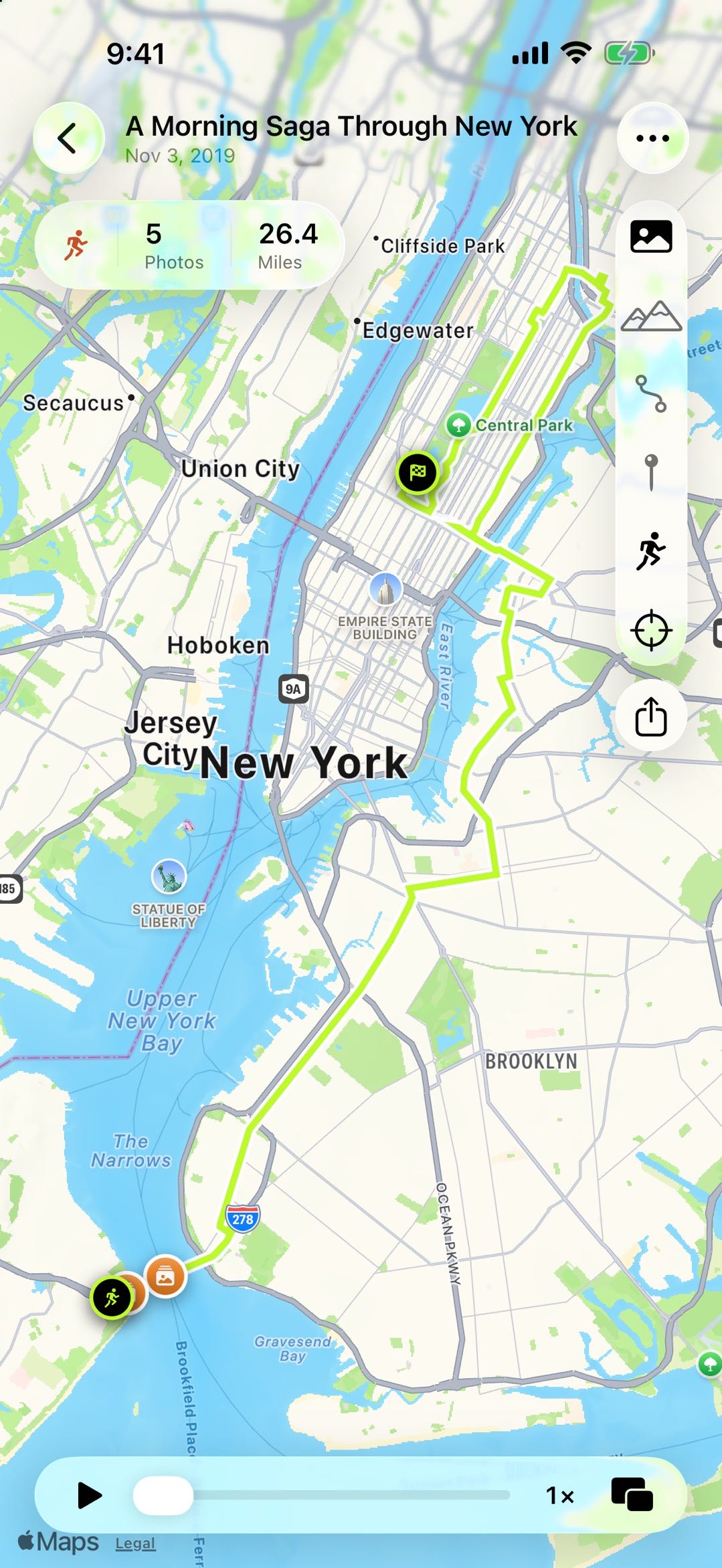 A marathon drawn from its recorded workout: 26.4 miles traced from Staten Island through Brooklyn to a finish flag in Central Park, against just five photos
